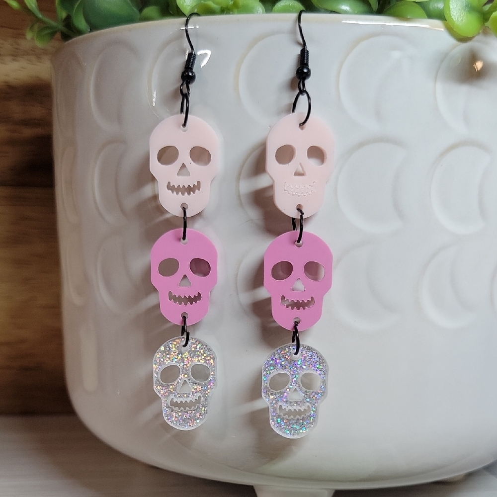 🔥LAST PAIR🔥 Pink and Glitter Skull Trio Earrings